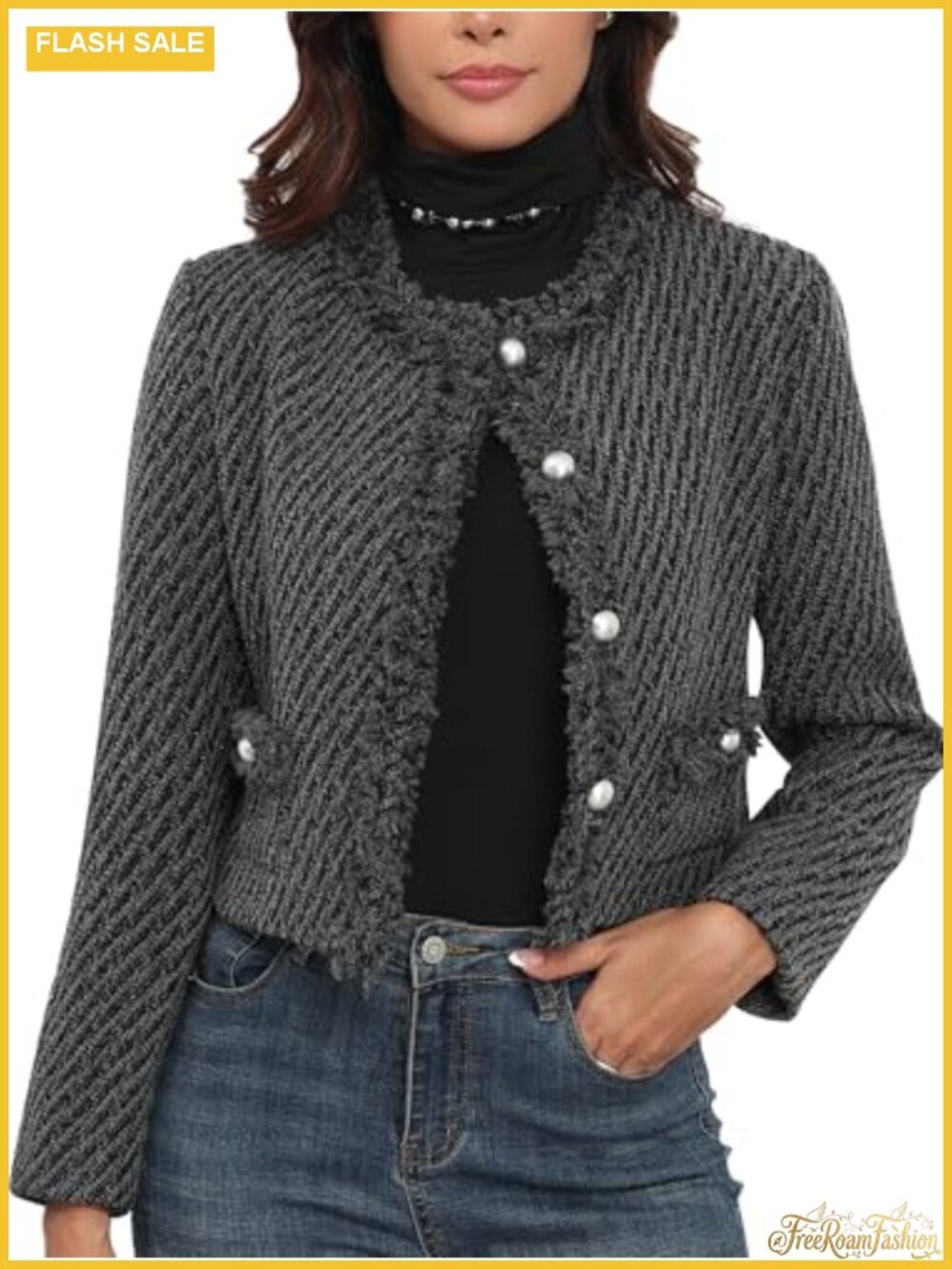 Tweed Blazer Jacket Cropped Collarless Long Sleeve Business Casual